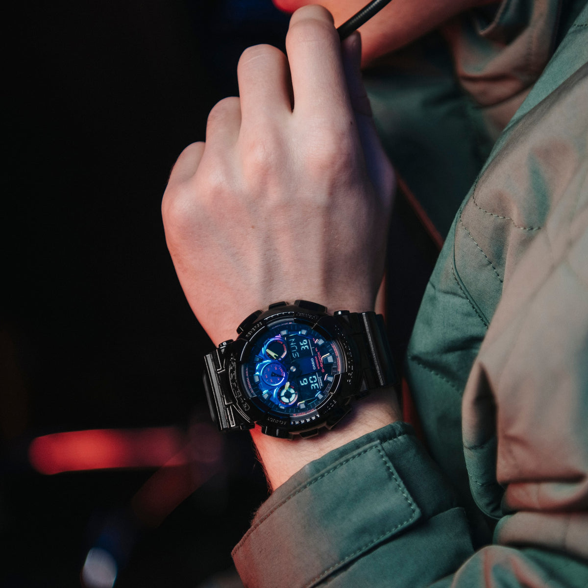 Casio G-Shock GA-100RGB-1ADR Virtual Rainbow Analog-Digital Watch – on model