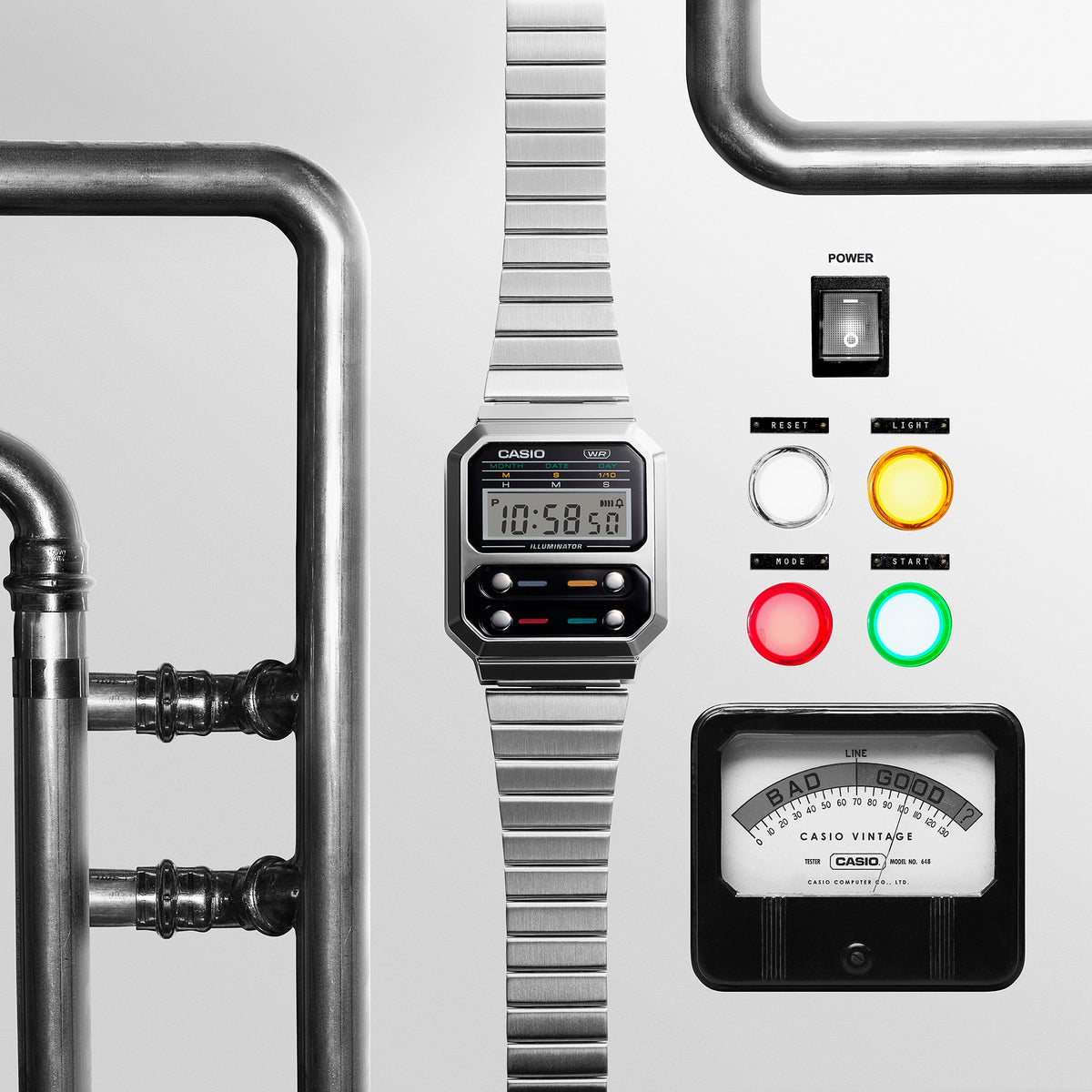 Casio Vintage A100WE-1ADF Chrome Watch – angle view