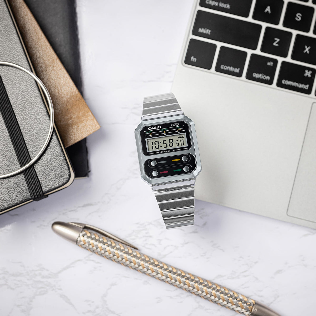 Casio Vintage A100WE-1ADF Chrome Watch – detail view