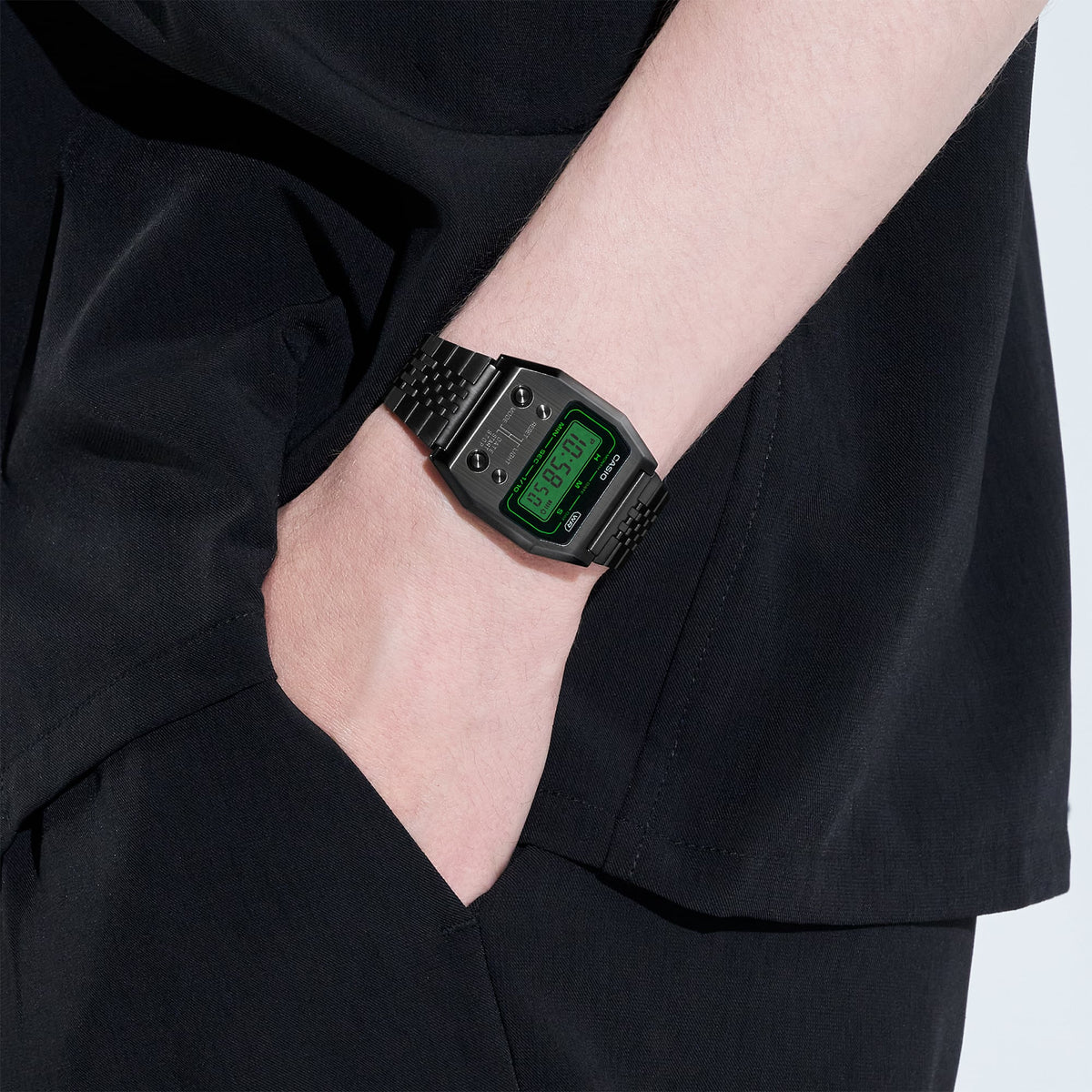 Casio A1100B-1DF Vintage Steel Watch – Black – on wrist