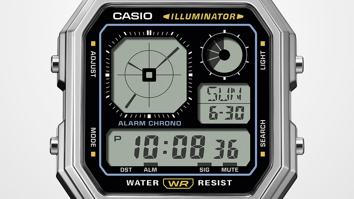 Casio A130WE-1ADF Vintage Steel Watch – Silver – display detail