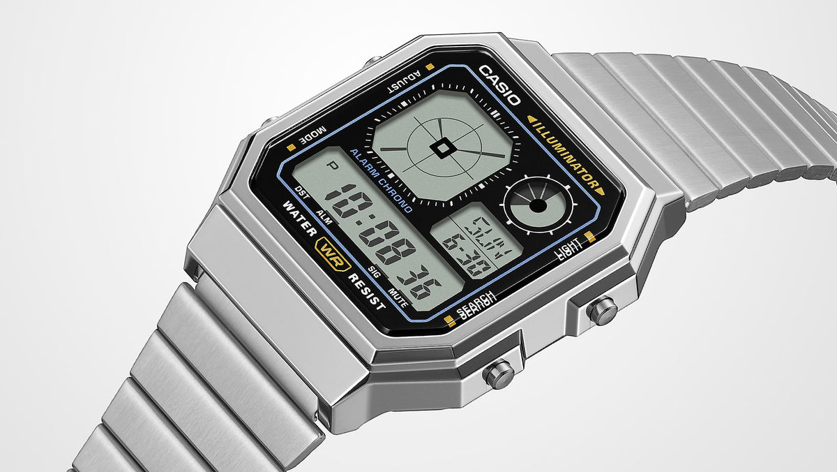 Casio A130WE-1ADF Vintage Steel Watch – Silver – case and band detail