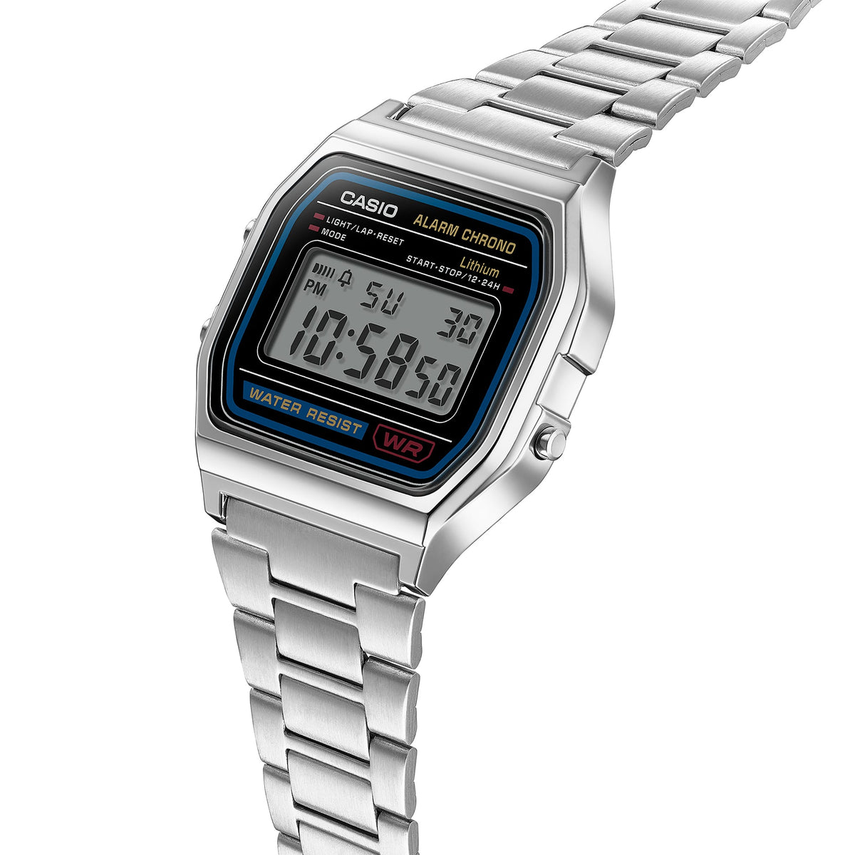 Casio A158WA-1DF Vintage Steel Digital Watch – Silver – angle view