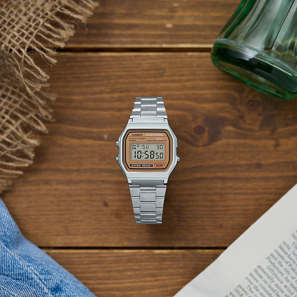 Casio A158WEA-9DF Vintage Steel Digital Watch – Gold – angle view