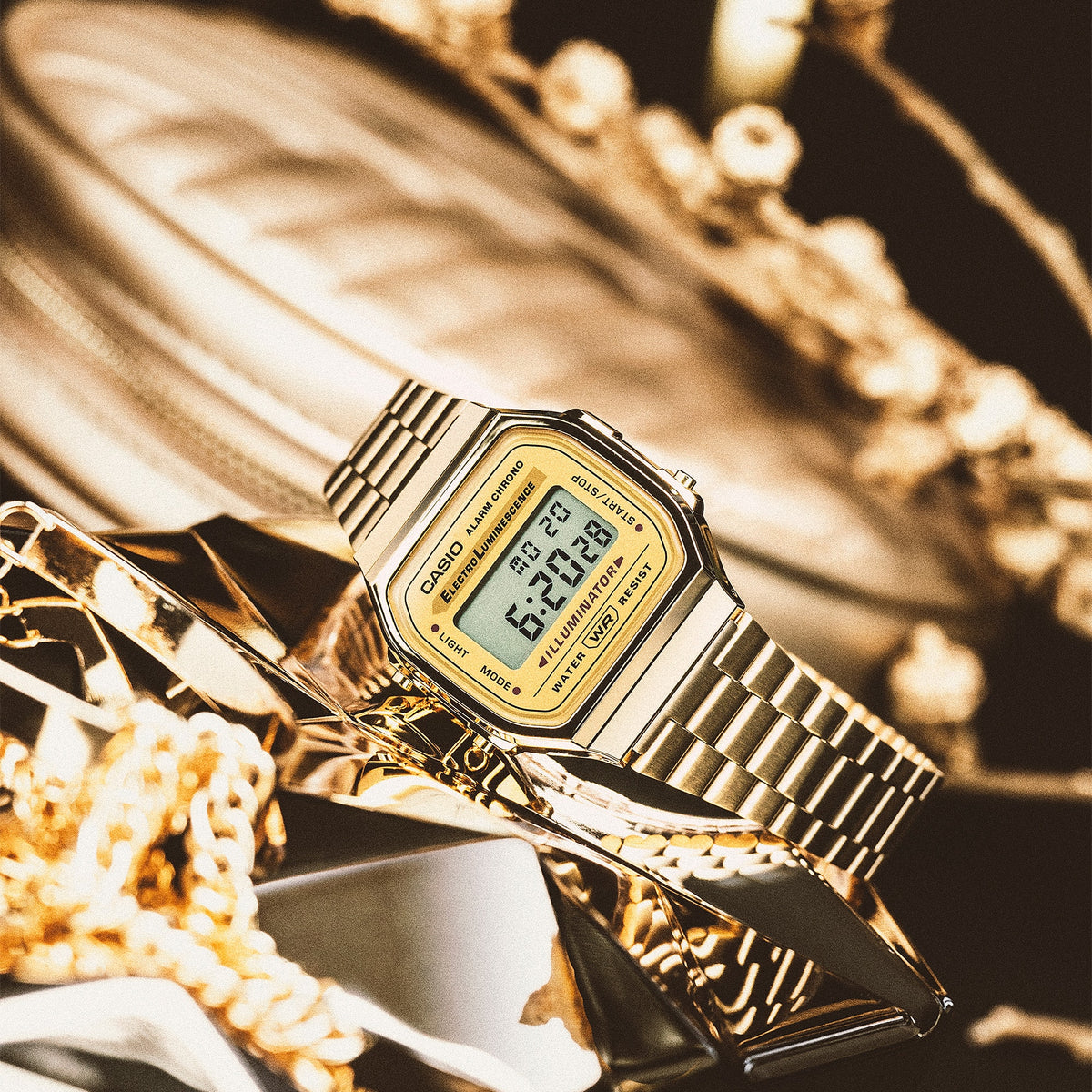 Casio A168WG-9WDF Retro Steel Digital Watch – Full Gold – angle view