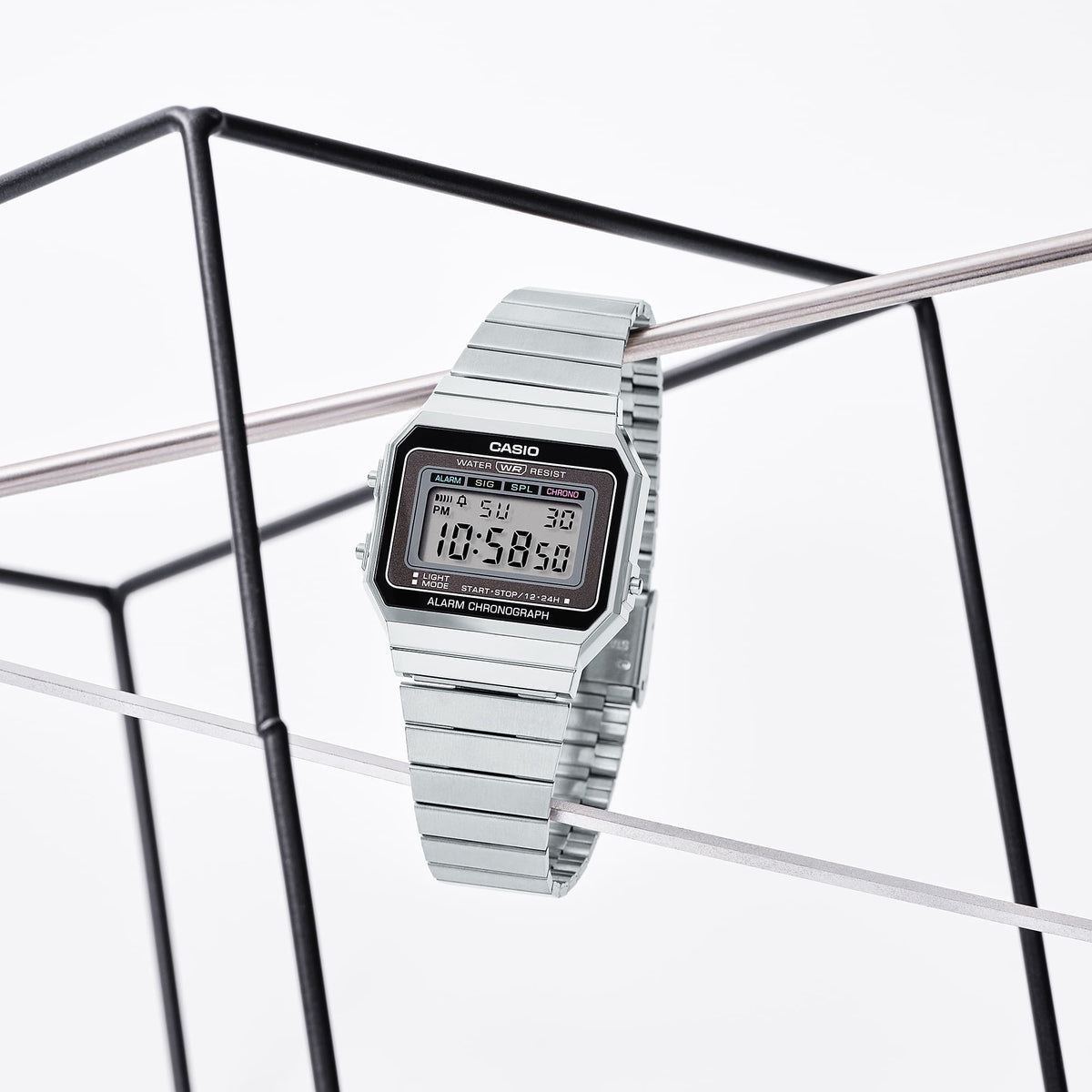Casio A700W-1ADF Vintage Slim Steel Watch – Silver – angle view