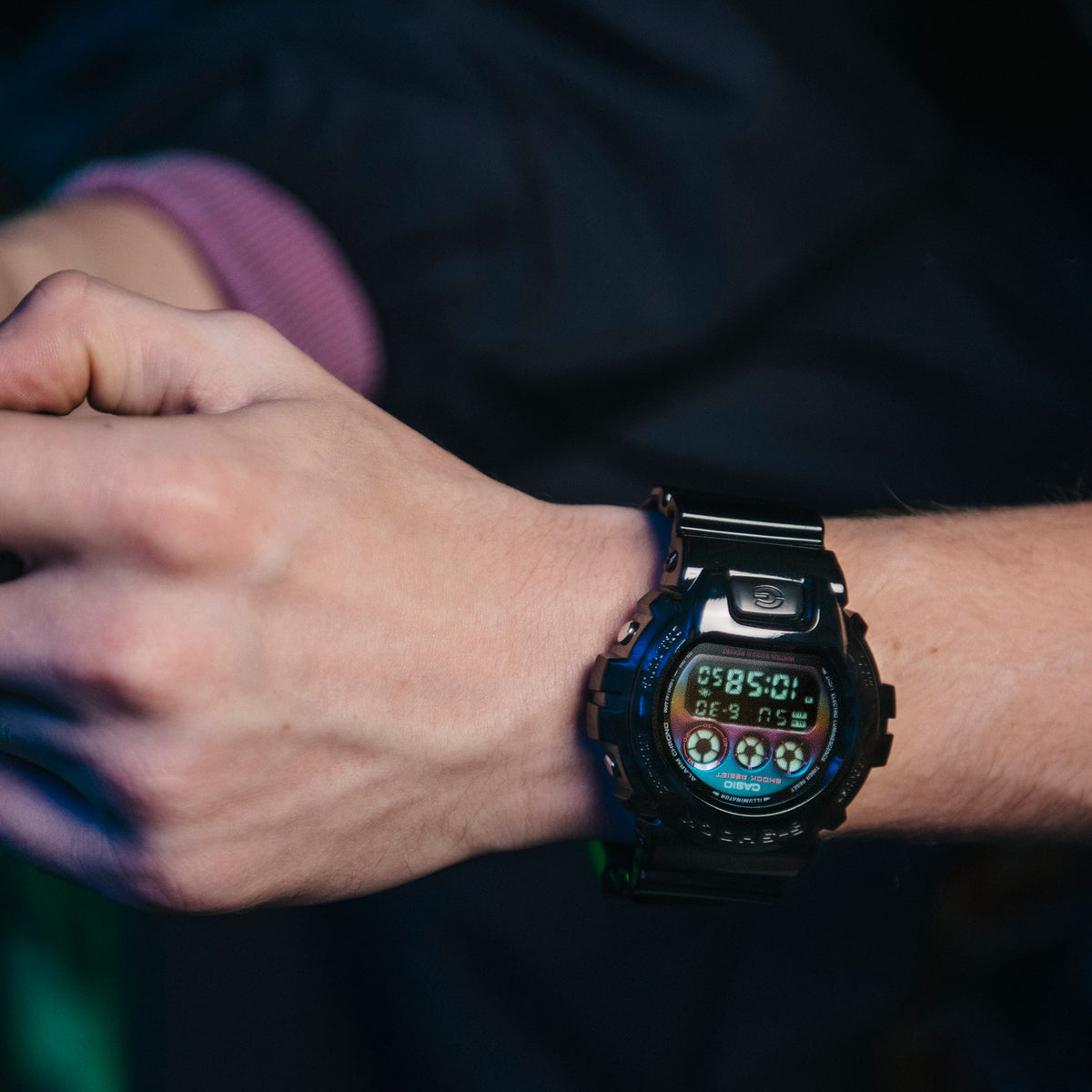 Casio G-Shock DW-6900RGB-1DR Virtual Rainbow Digital Watch – on model