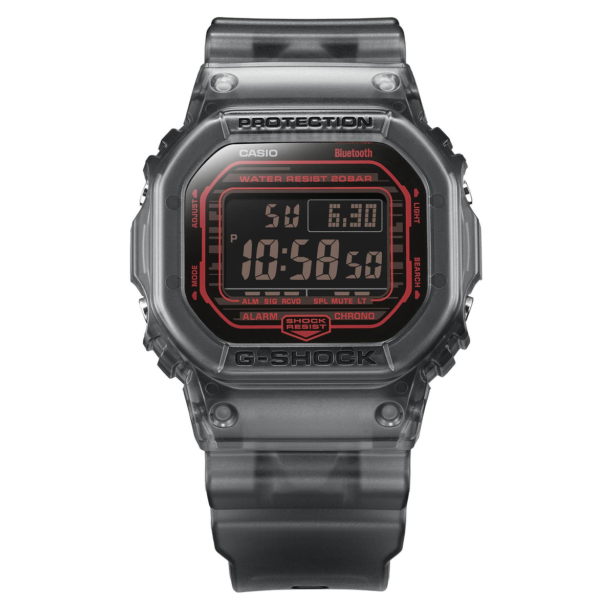 Casio G-Shock DW-B5600G-1D Bluetooth Translucent Digital Watch – angle view