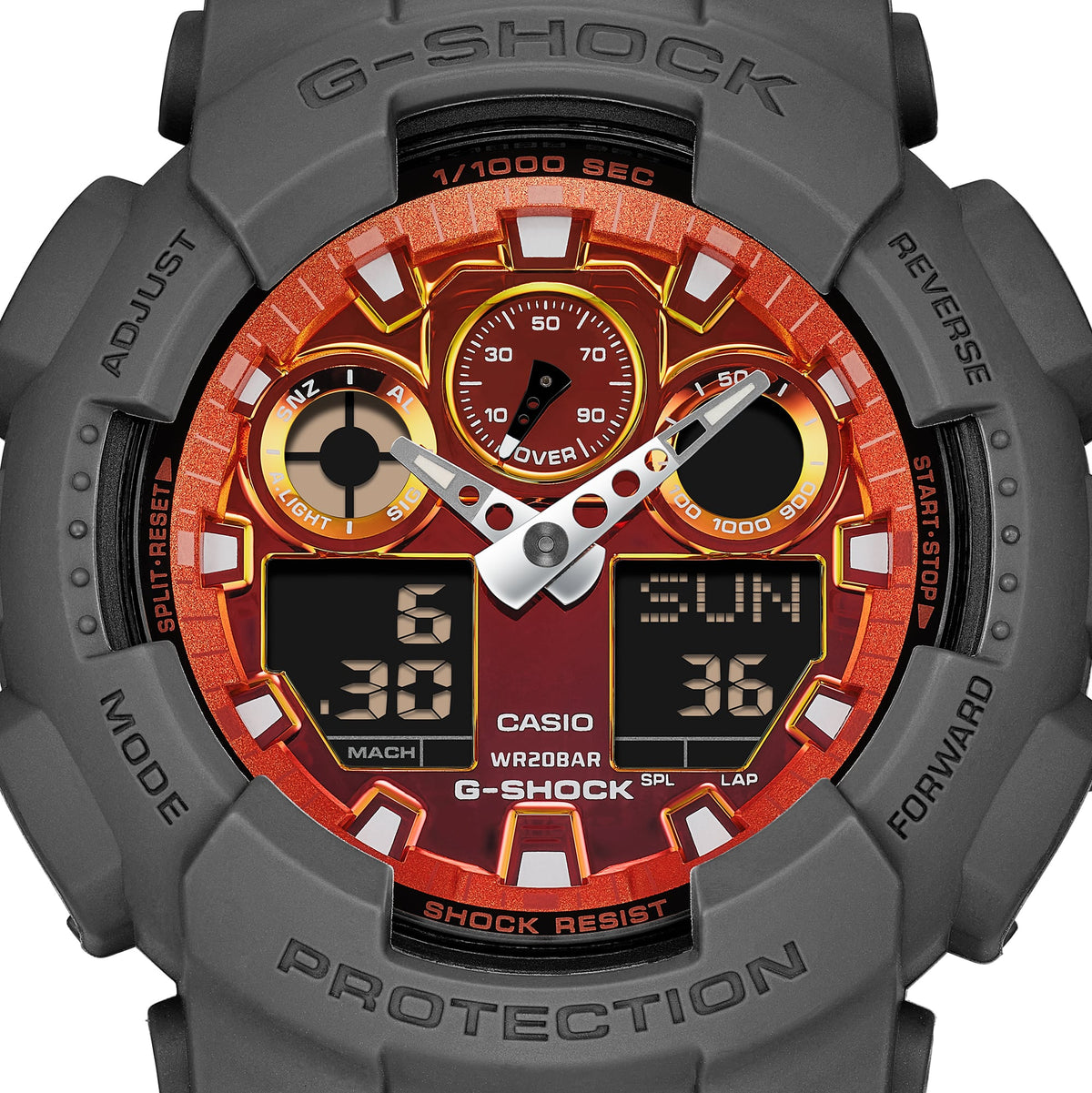 Casio G-Shock GA-100FL-8A Flame Gradient Analog-Digital Watch – angle view