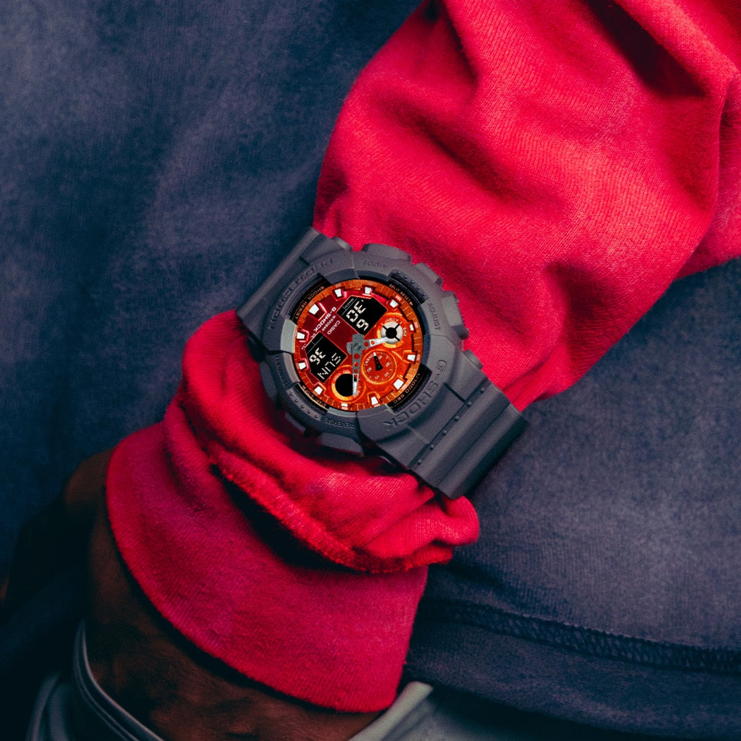 Casio G-Shock GA-100FL-8A Flame Gradient Analog-Digital Watch – on wrist