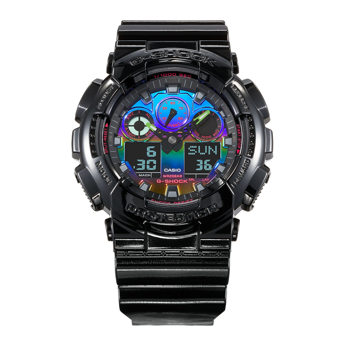 Casio G-Shock GA-100RGB-1ADR Virtual Rainbow Analog-Digital Watch – front detail