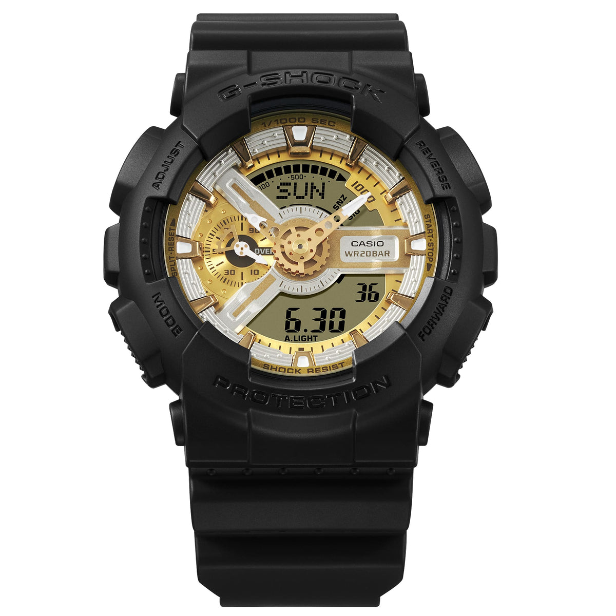 Casio G-Shock GA-110CD-1A9DR Two-Tone Dial Analog-Digital Watch – Silver and Gold – front detail