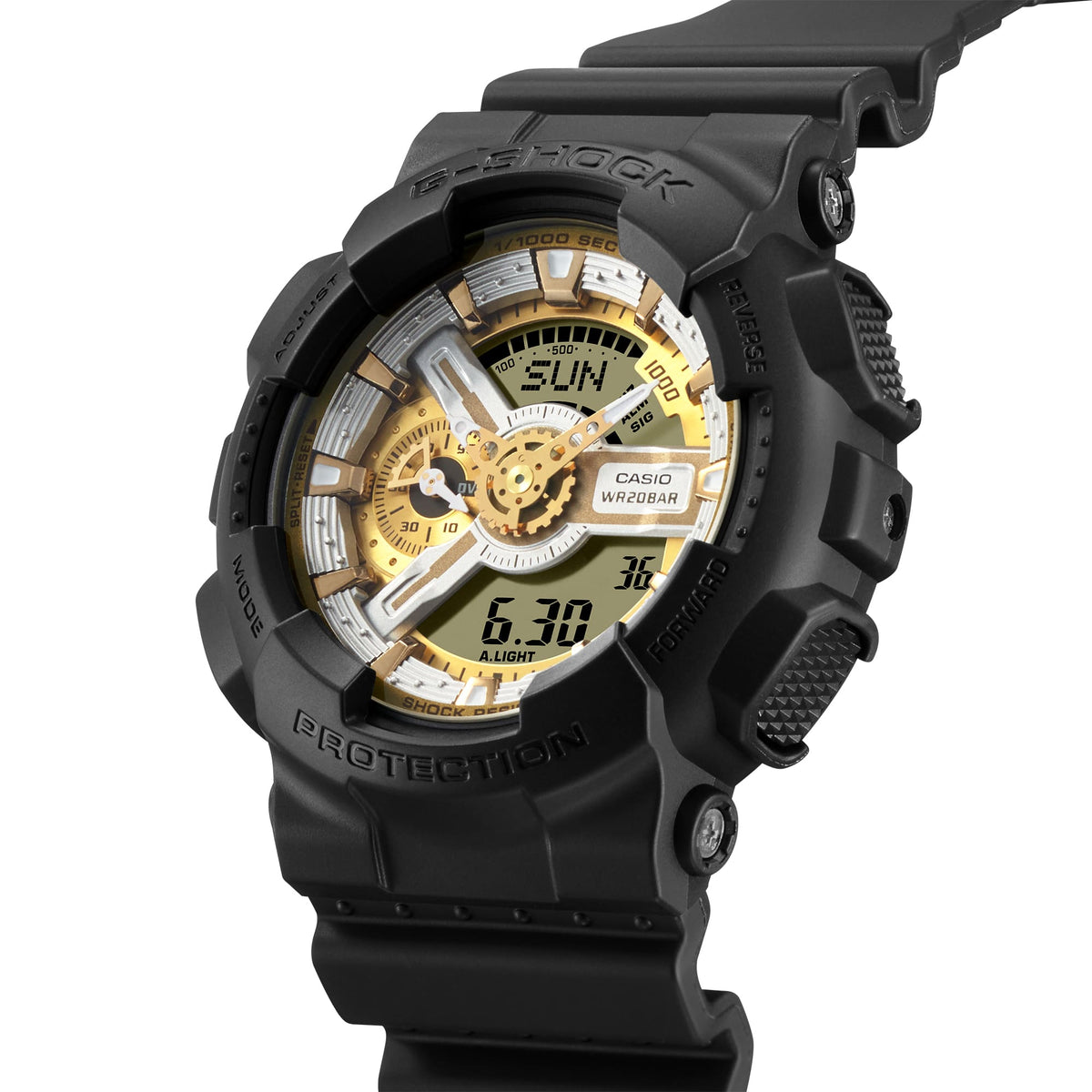 Casio G-Shock GA-110CD-1A9DR Two-Tone Dial Analog-Digital Watch – Silver and Gold – side view