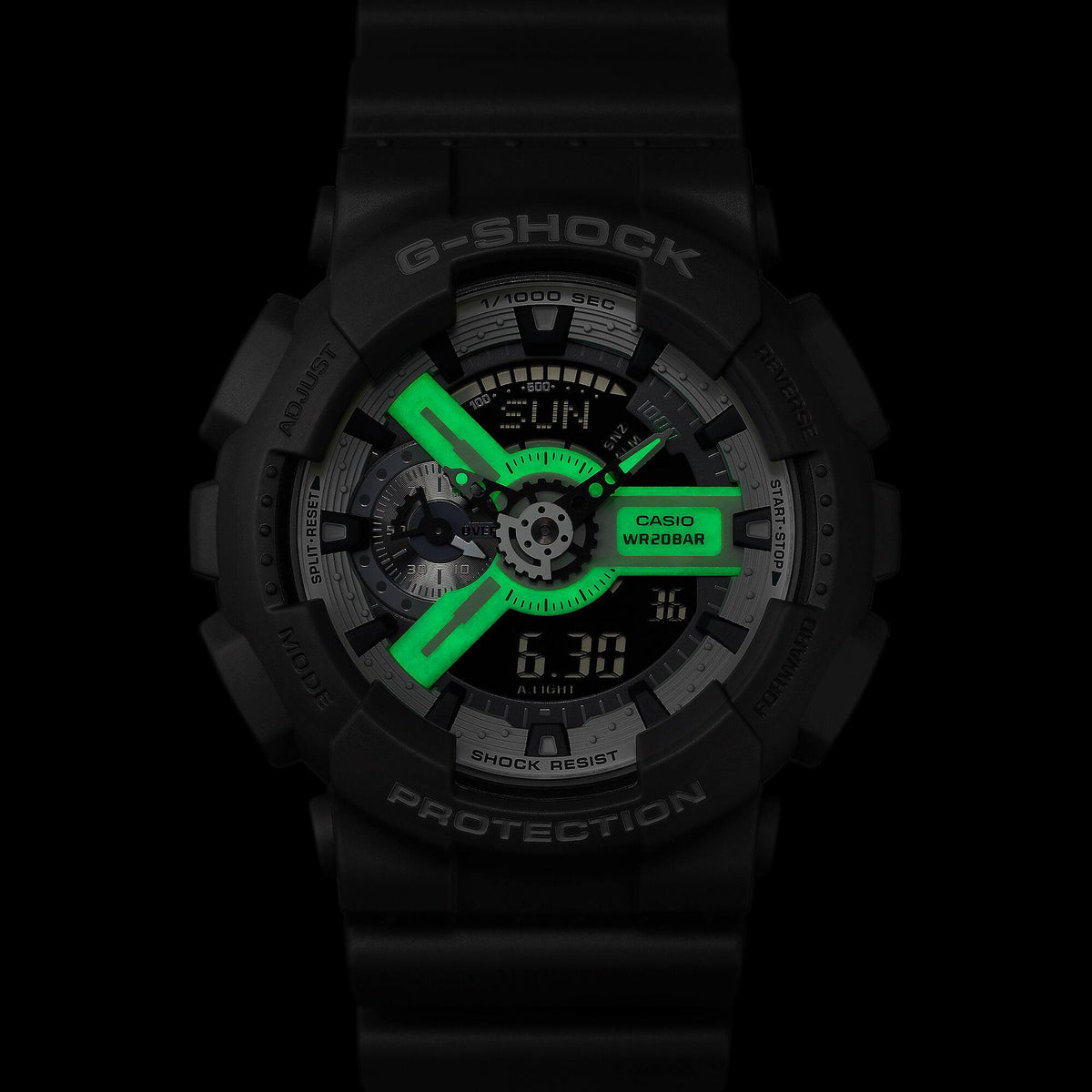 Casio G-Shock GA-110HD-8A Glow-in-the-Dark Analog-Digital Watch – glow detail