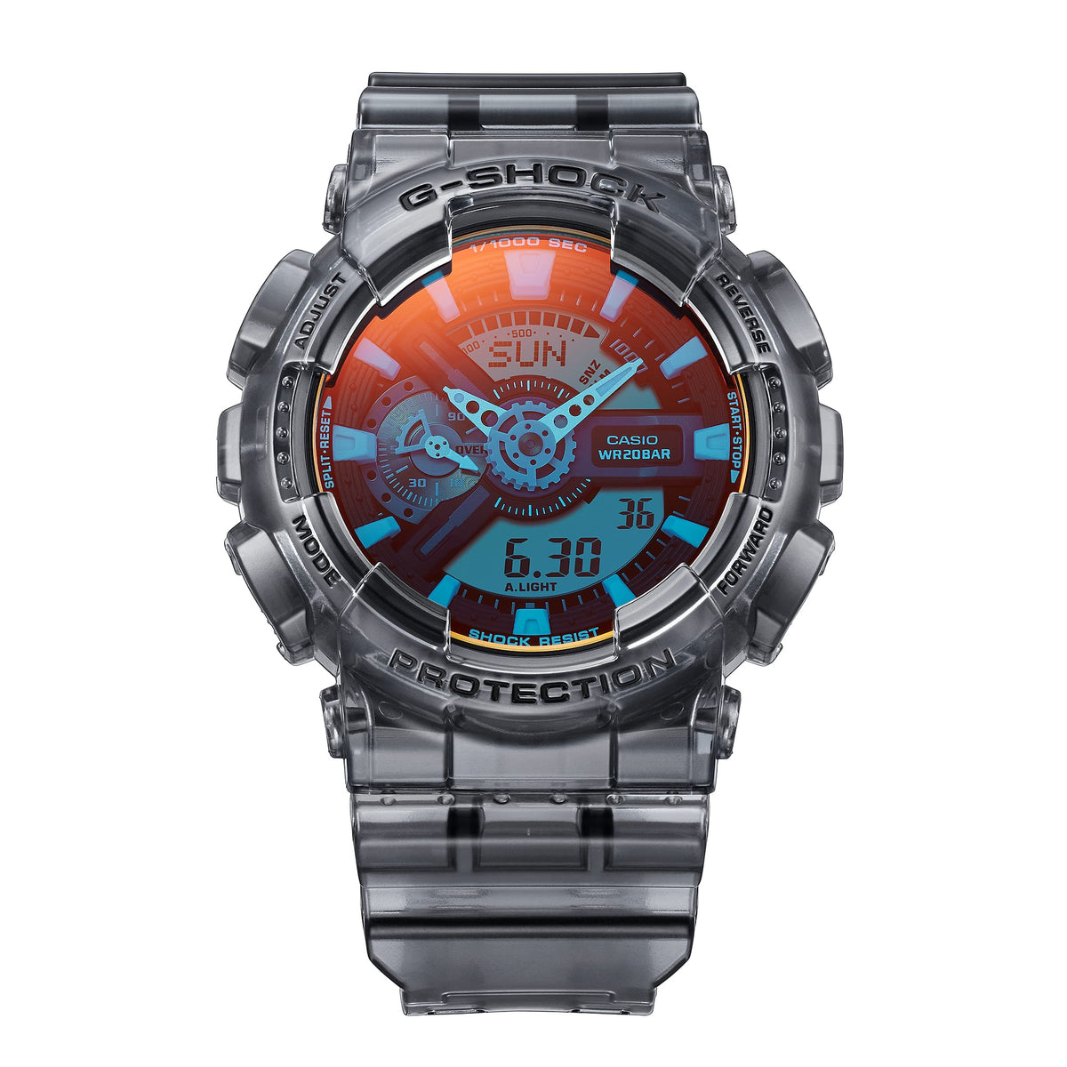 Casio G-Shock GA-110TLS-8A Translucent Analog-Digital Watch – Grey/Orange – front detail