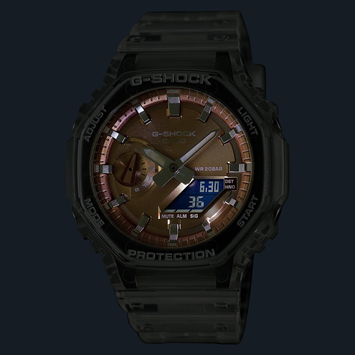 Casio G-Shock GA-2100BM-7A5DR Translucent Octagonal Analog-Digital Watch – Rose Gold – LED light