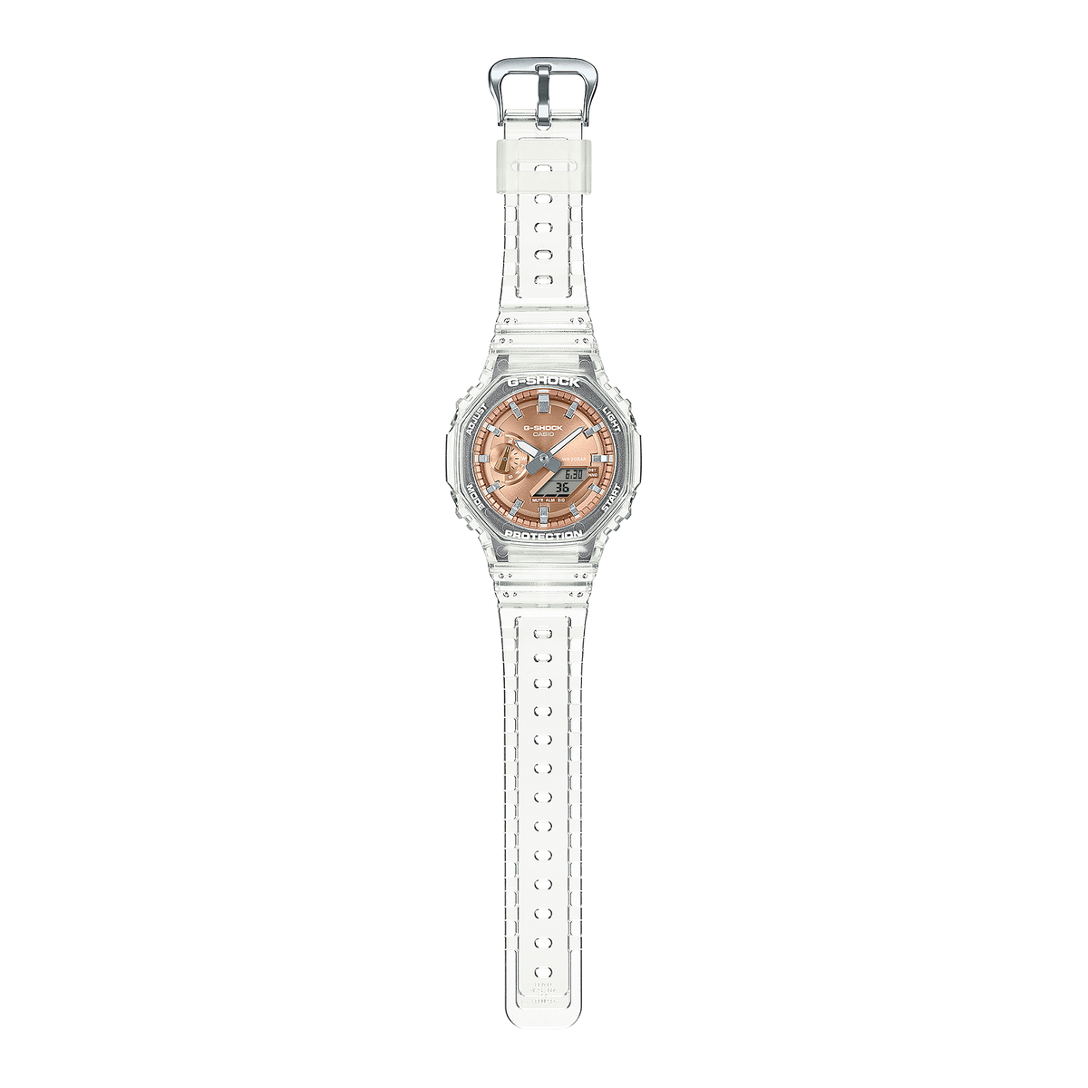 Casio G-Shock GA-2100BM-7A5DR Translucent Octagonal Analog-Digital Watch – Rose Gold – angle view