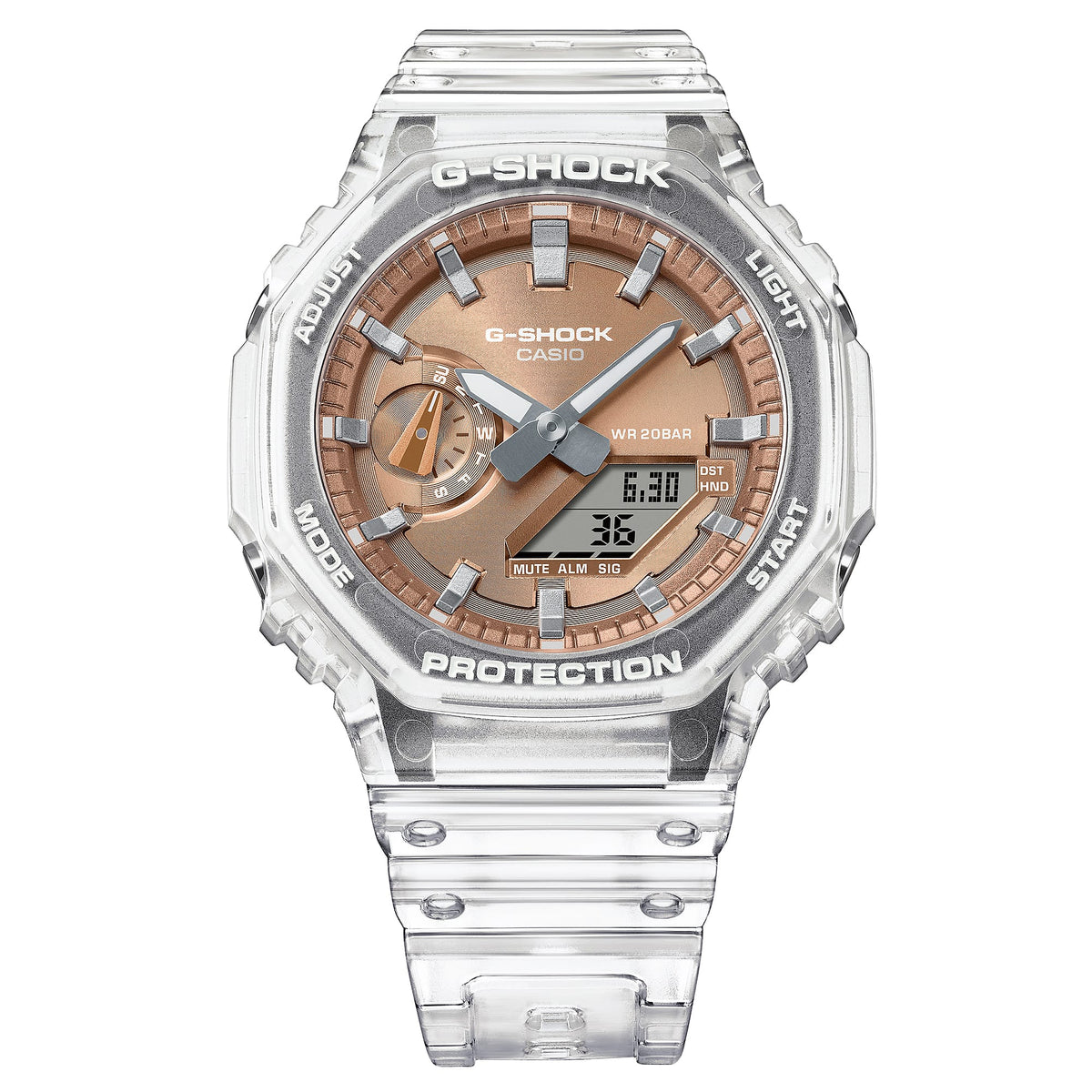 Casio G-Shock GA-2100BM-7A5DR Translucent Octagonal Analog-Digital Watch – Rose Gold – front detail