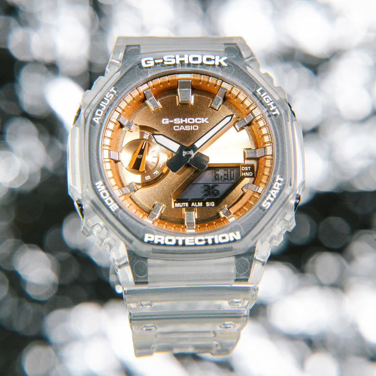 Casio G-Shock GA-2100BM-7A5DR Translucent Octagonal Analog-Digital Watch – Rose Gold – detail view