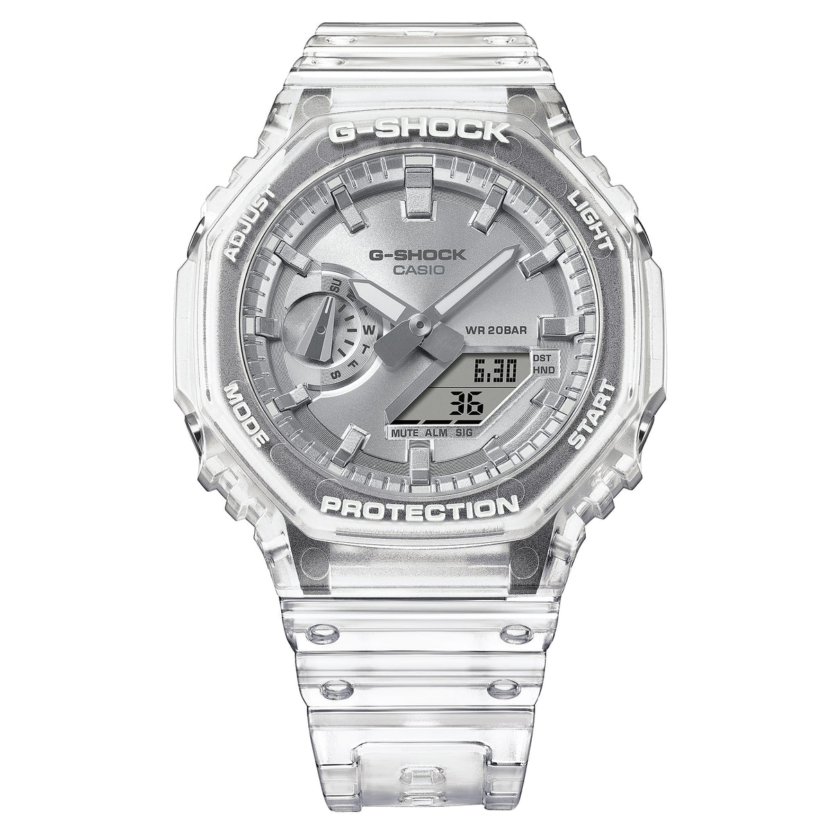 Casio G-Shock GA-2100BM-7A8DR Translucent Octagonal Analog-Digital Watch – Silver – front detail