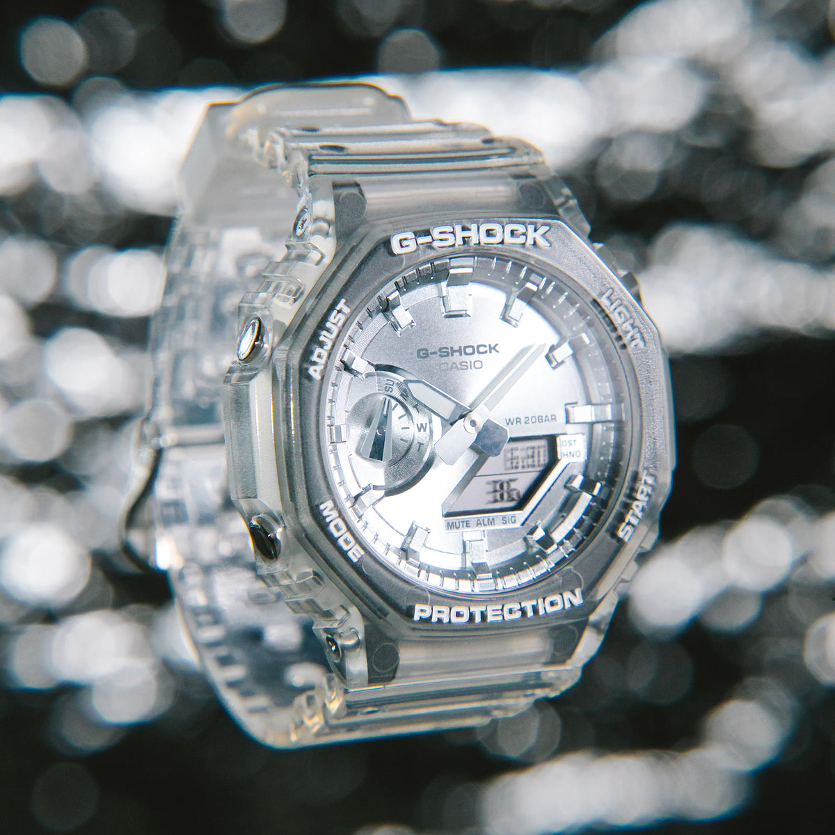 Casio G-Shock GA-2100BM-7A8DR Translucent Octagonal Analog-Digital Watch – Silver – detail view