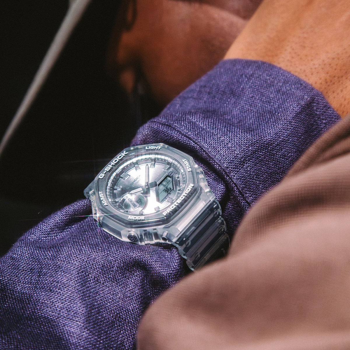 Casio G-Shock GA-2100BM-7A8DR Translucent Octagonal Analog-Digital Watch – Silver – on wrist