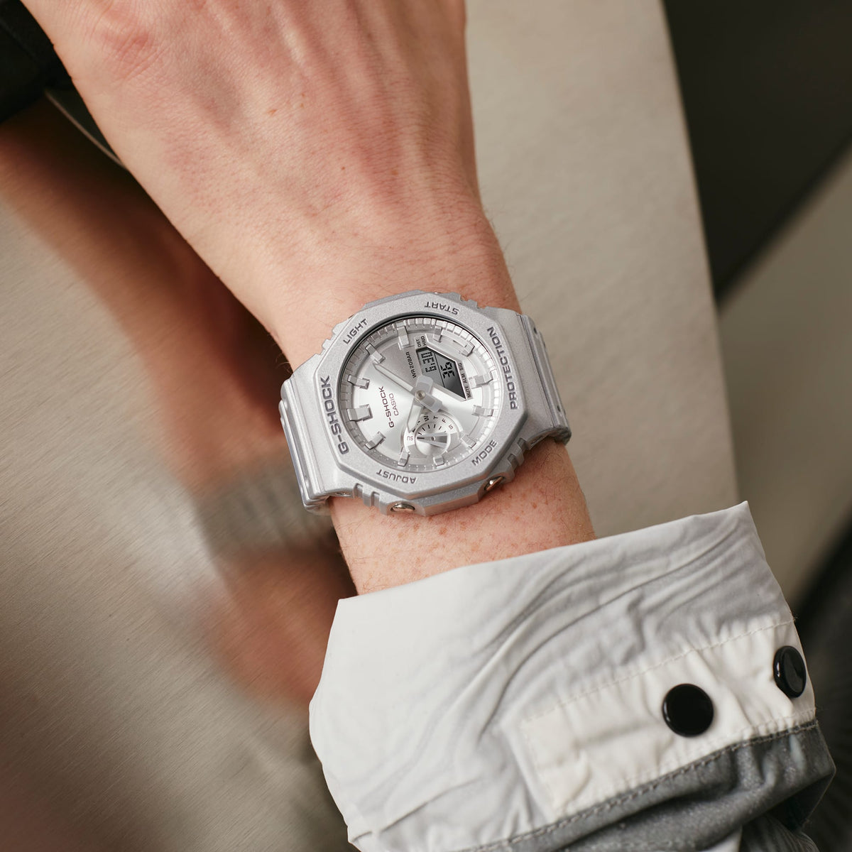 Casio G-Shock GA-2100FF-8ADR Forgotten Future Watch – Metallic Silver – lifestyle