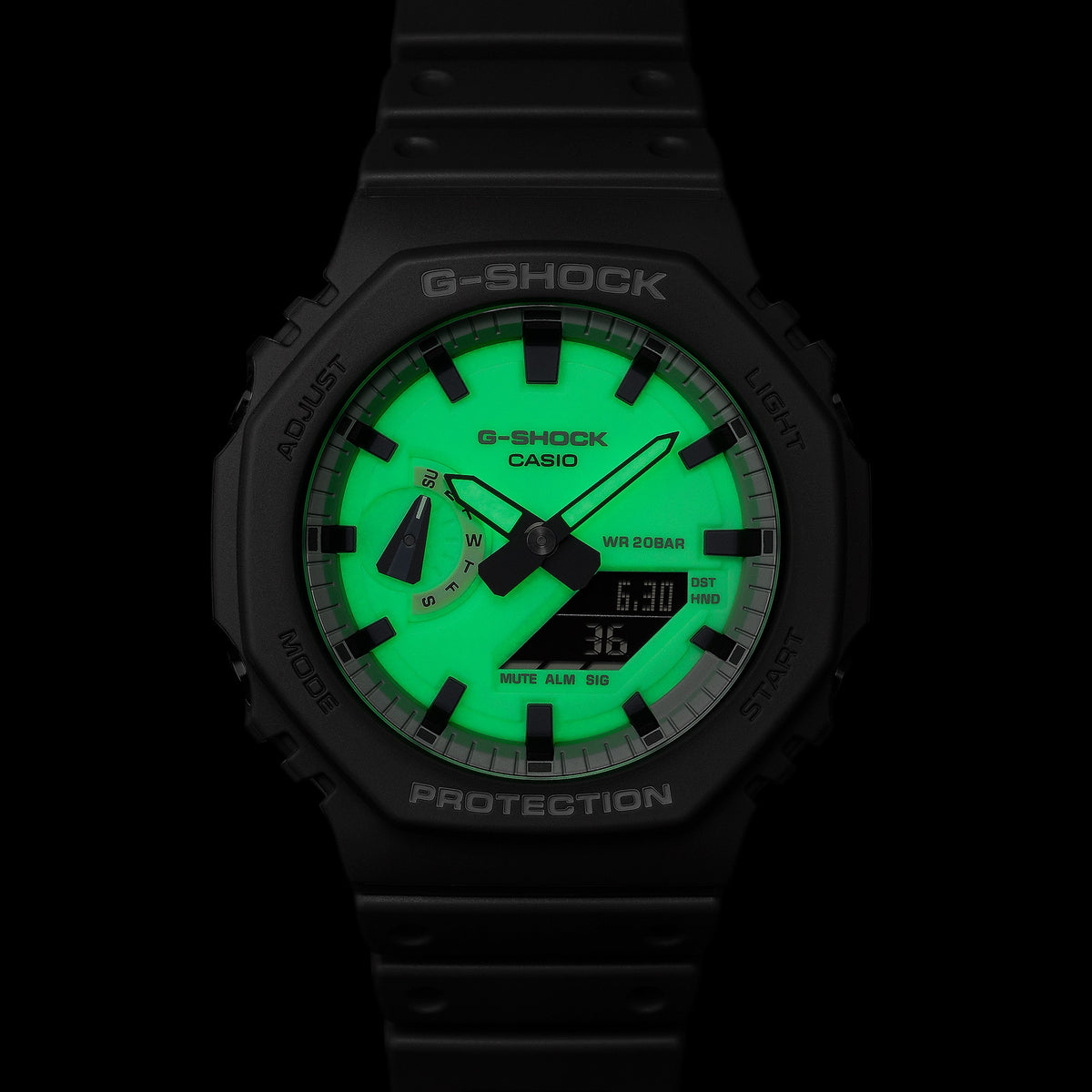 Casio G-Shock GA-2100HD-8ADR Monochrome Octagon Watch – glow detail