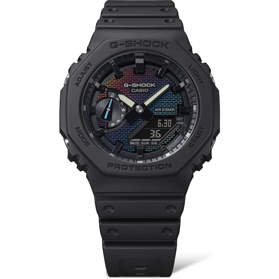 Casio G-Shock GA-2100RW-1A Rainbow Brick Wall Analog-Digital Watch – front detail