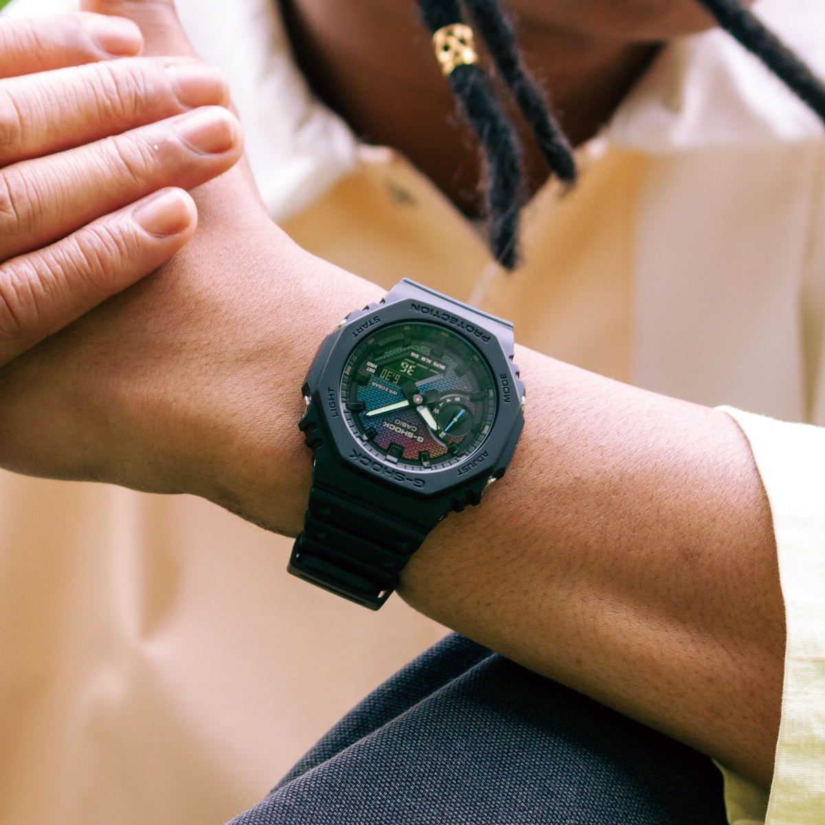 Casio G-Shock GA-2100RW-1A Rainbow Brick Wall Analog-Digital Watch – on wrist