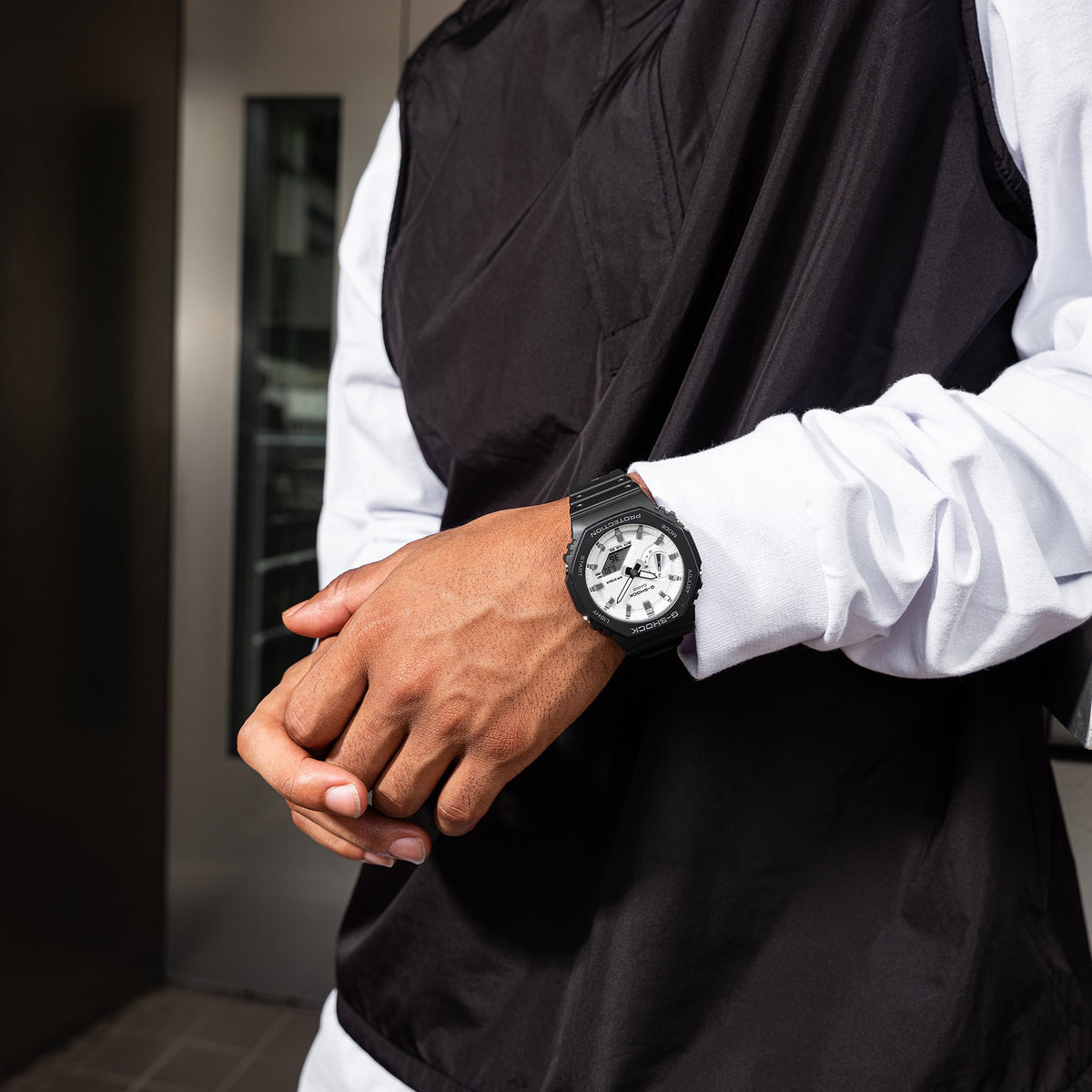 Casio G-Shock GA-2100WD-1A Monochrome Analog-Digital Watch – Black and White – on wrist