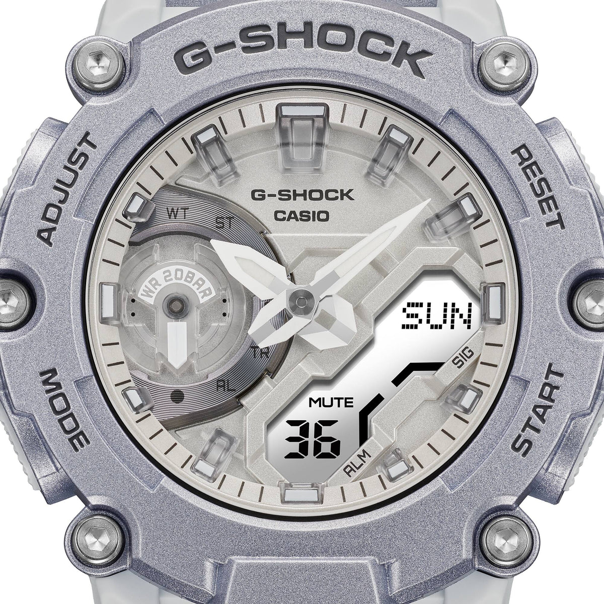 Casio G-Shock GA-2200FF-8ADR Retro-Futuristic Analog-Digital Watch – Metallic Silver – detail view