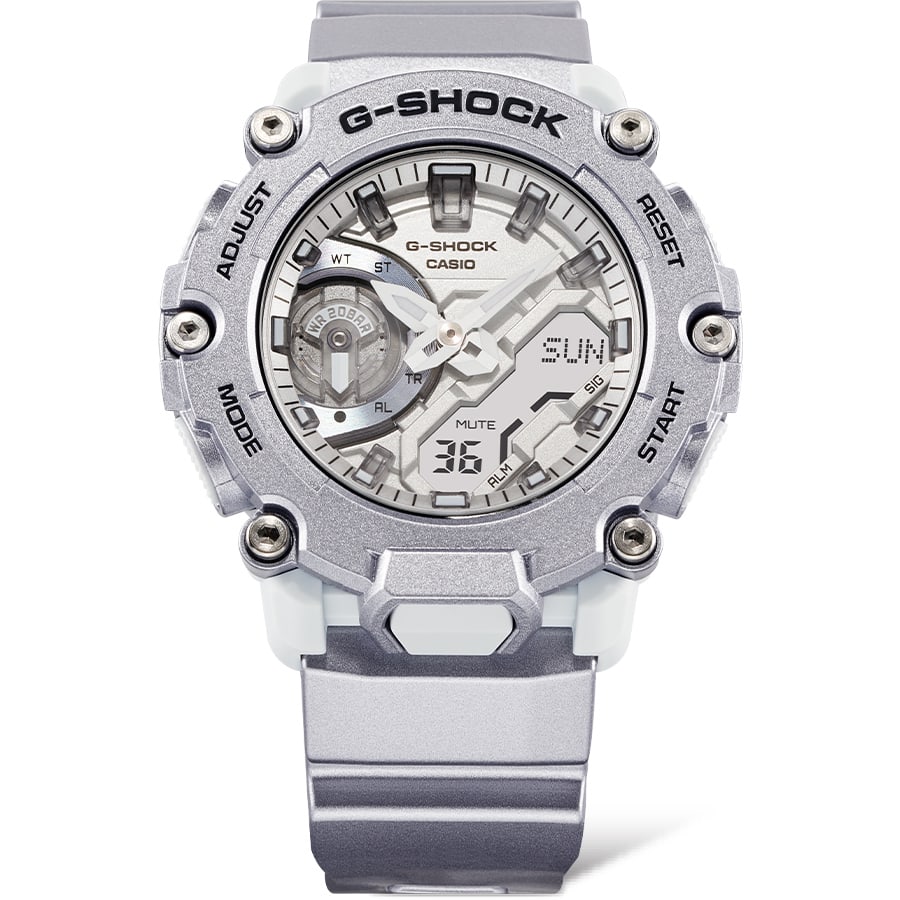 Casio G-Shock GA-2200FF-8ADR Retro-Futuristic Analog-Digital Watch – Metallic Silver – front detail