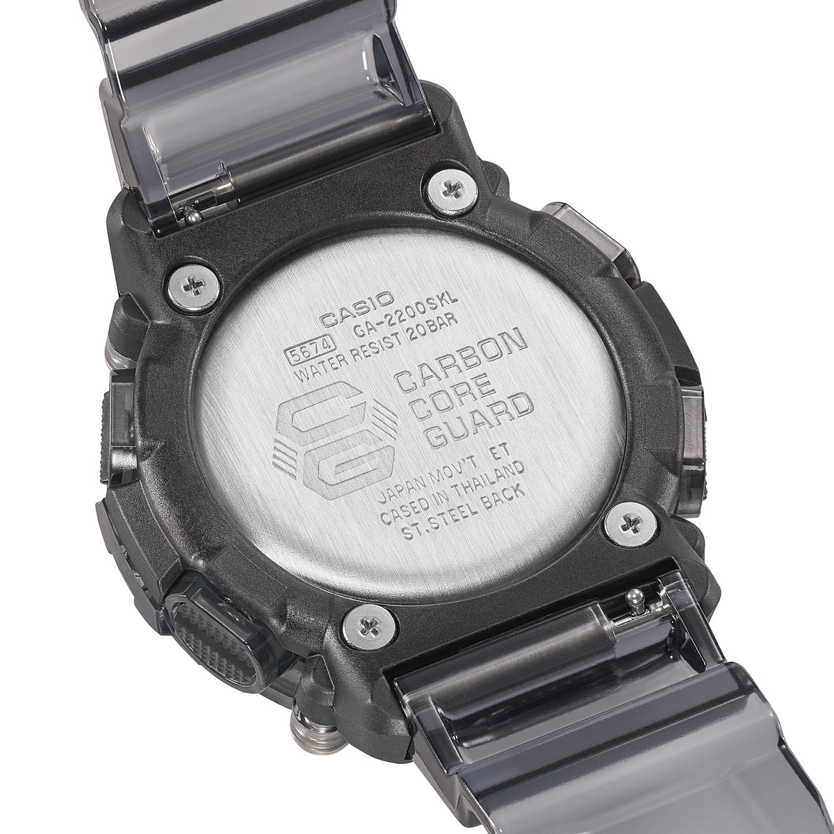 Casio G-Shock GA-2200SKL-8A Transparent Sporty Analog-Digital Watch – back engraving