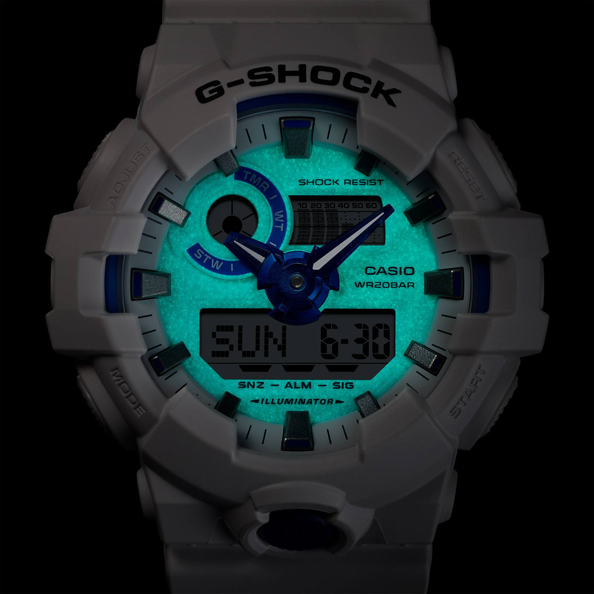 Casio G-Shock GA-700HDS-7A Sea-Inspired Glow Analog-Digital Watch – glow dial detail
