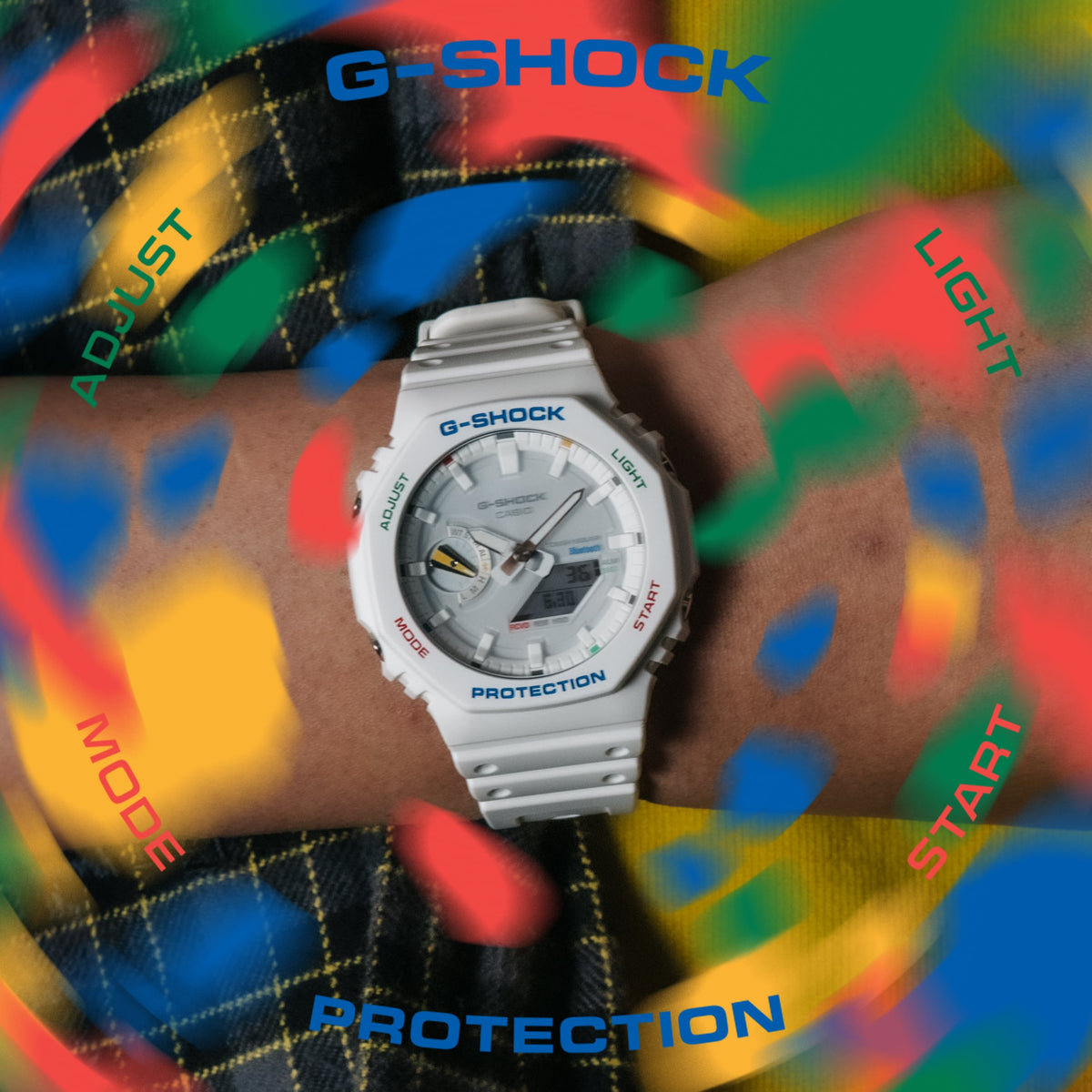 Casio G-Shock GA-B2100FC-7A Multicolour Accent Solar Bluetooth Watch – on model