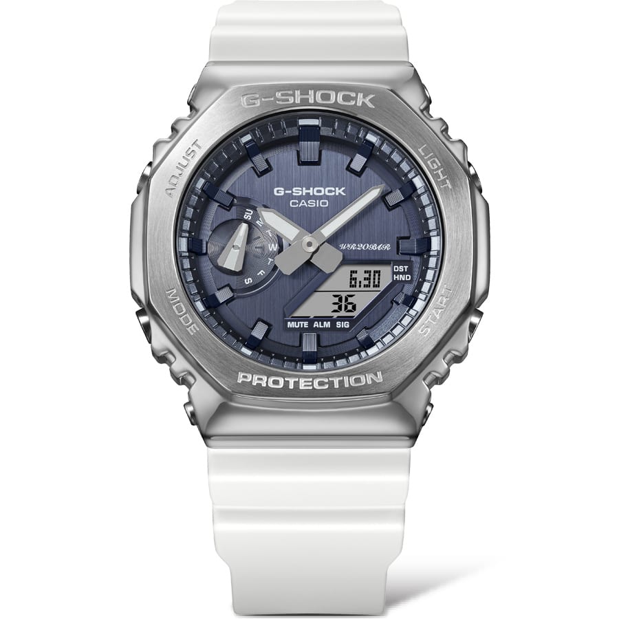 Casio G-Shock GM-2100WS-7ADR Metal Bezel CasiOak Watch – White Silver – close-up
