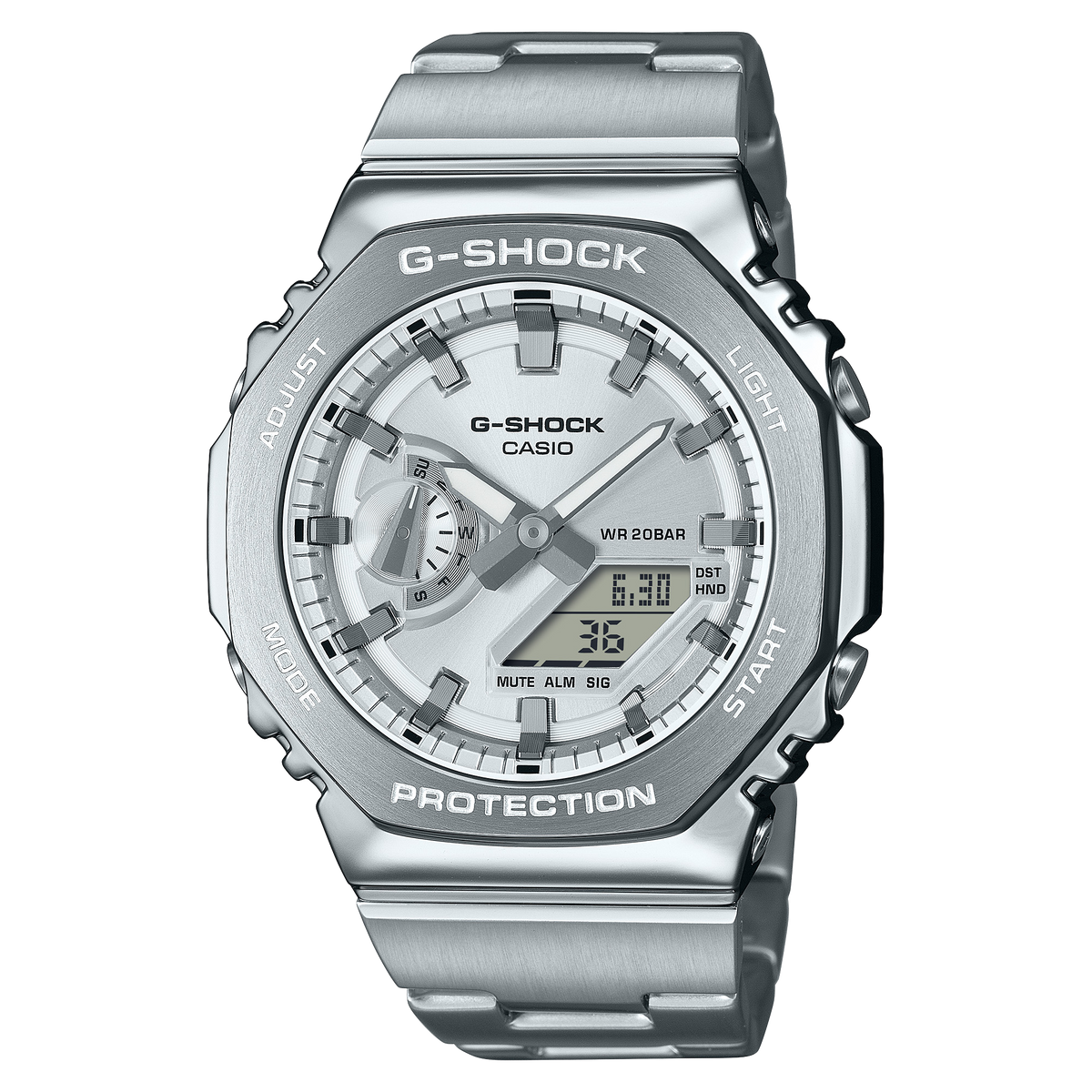 Casio G-Shock GM-2110D-7ADR Metal Bezel Analog-Digital Watch – Silver – front view