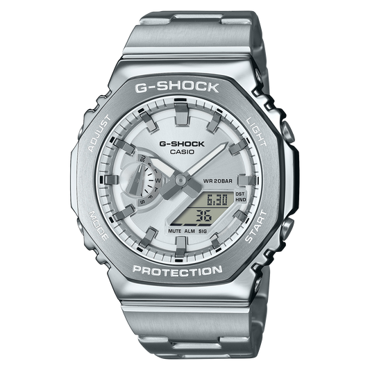 Casio G-Shock GM-2110D-7ADR Metal Bezel Analog-Digital Watch – Silver – front view
